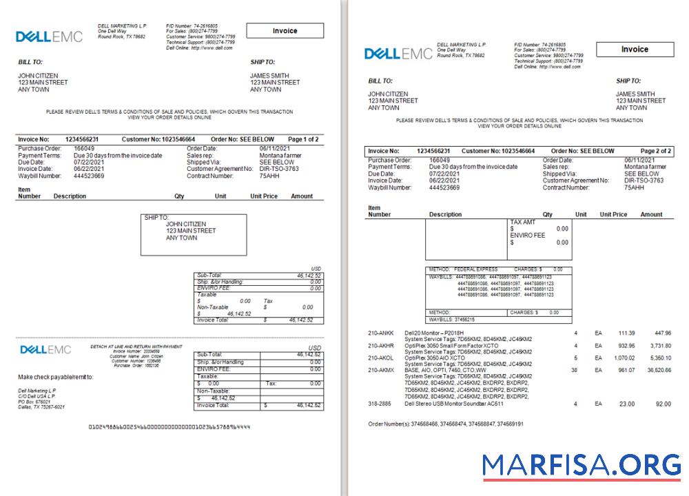 Blank USA Dell Technologies invoice real example
